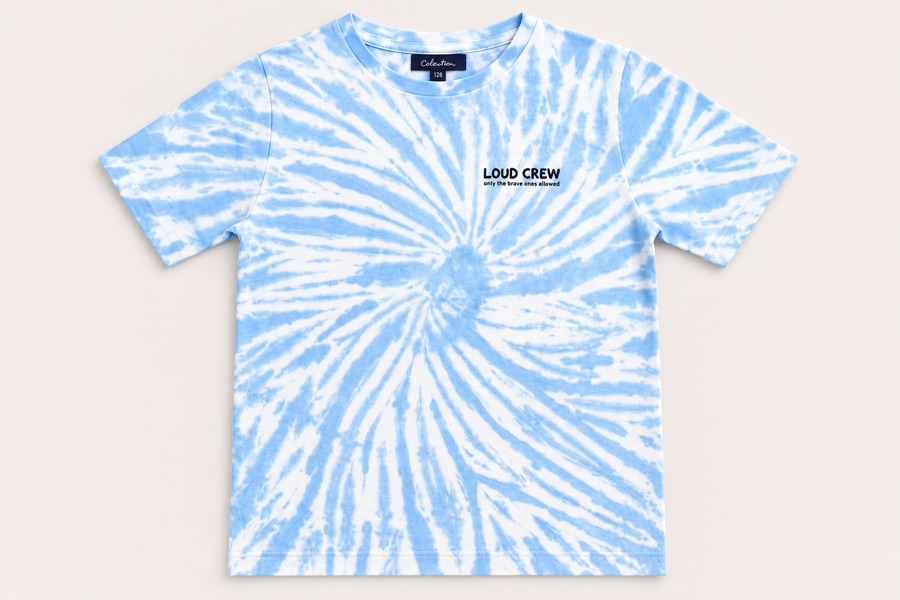 Blue and white spiral tie-dye toddler T-shirt with a small printed chest motif