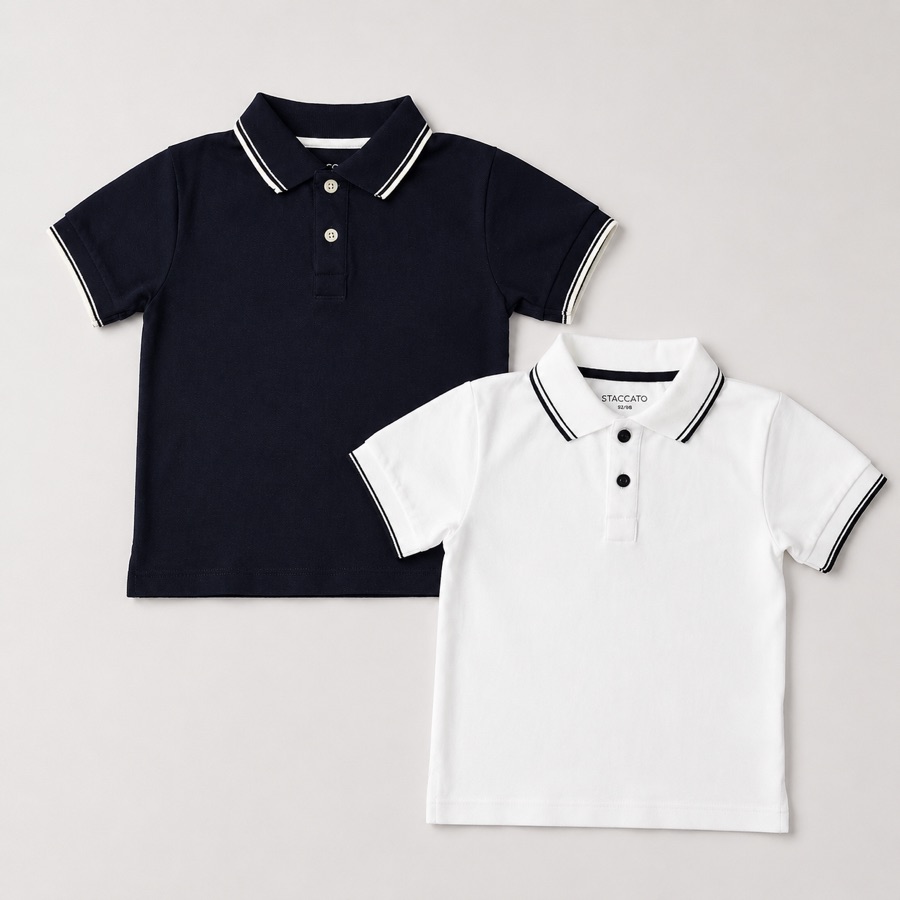 Navy and white toddler pique polo shirts with contrast tipping at the collar and cuffs