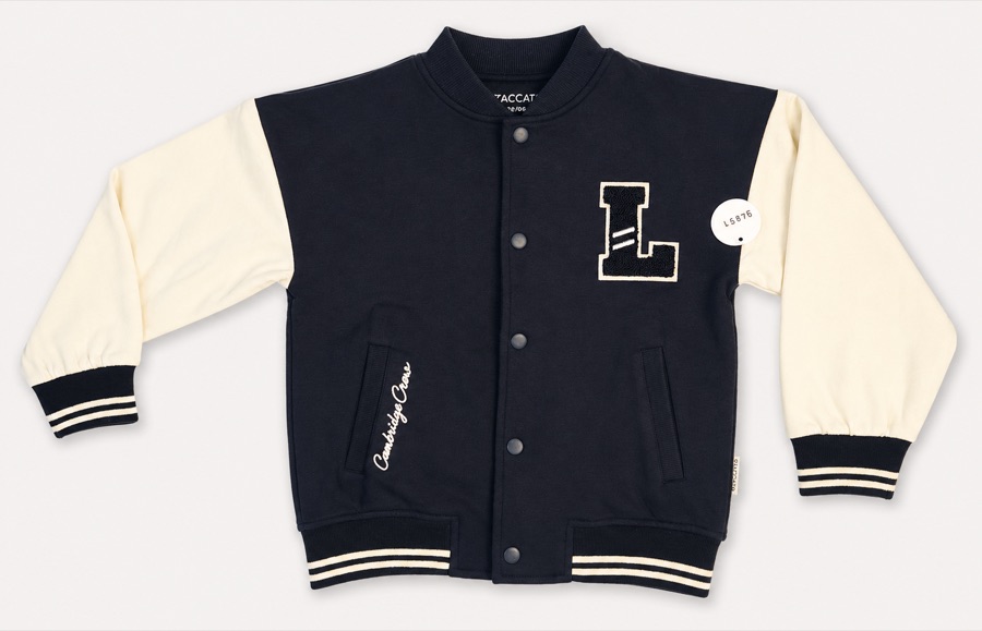 Navy and cream toddler varsity jacket with a chenille letter L on the chest