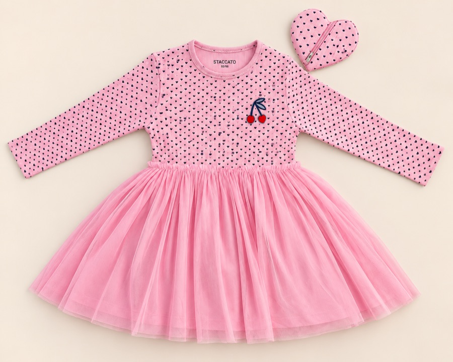 Pink toddler girls two-layer dress with a heart-print rib bodice, gathered mesh skirt and a matching heart-shaped bag